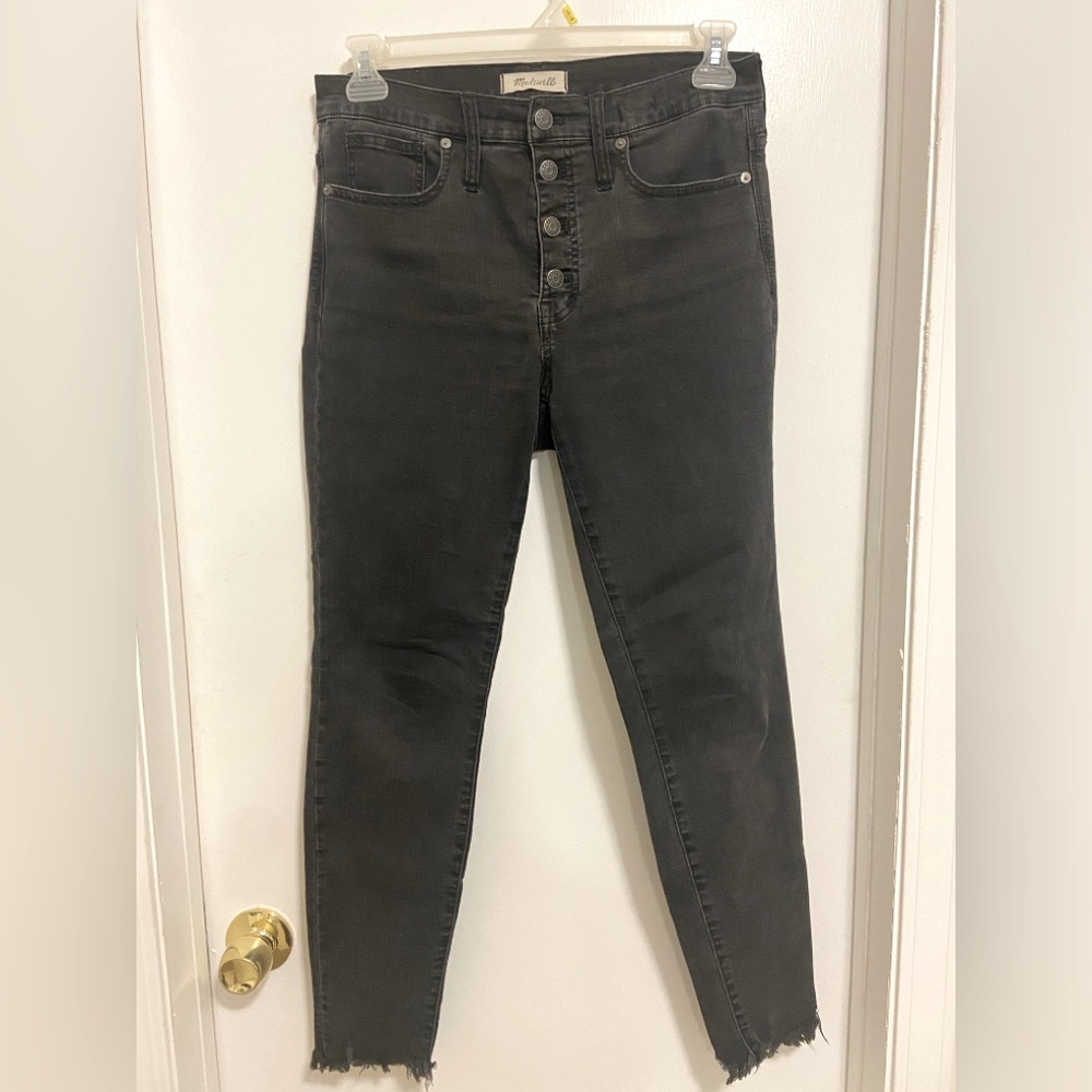 EUC Madewell skinny jeans, faded black wash, raw hem and button front, size 30